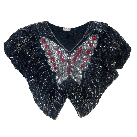 VTG SHE Sequin Beaded Butterfly Top Womens OS 70's Disco Retro Glam Silk Rayon - Picture 14 of 14